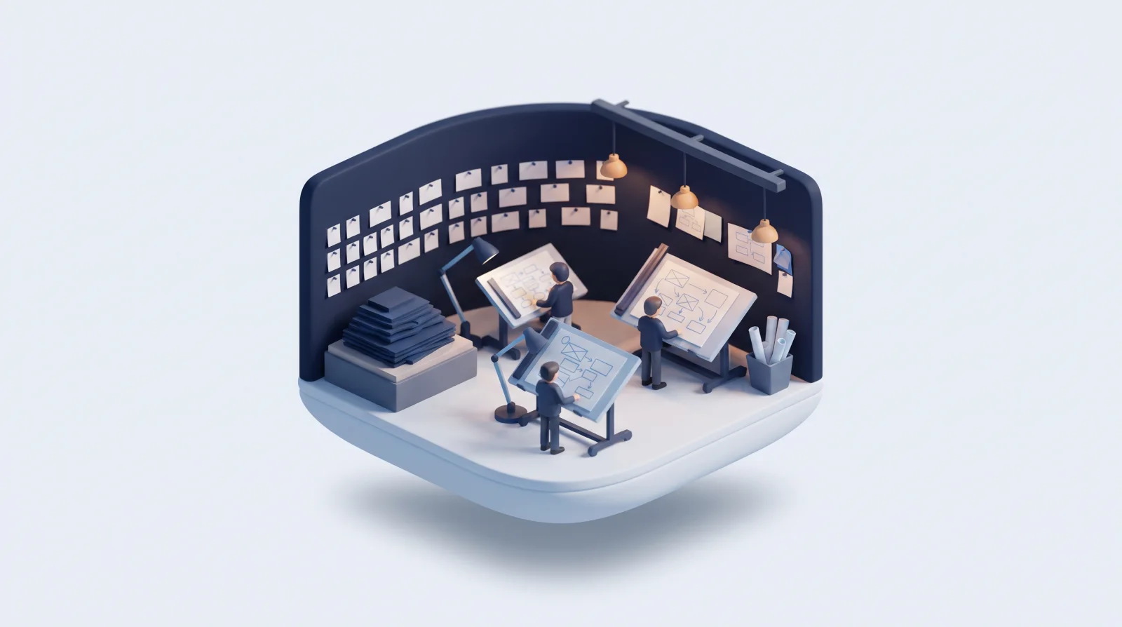 Isometric clay diorama of a drafting studio with system diagrams and wireframe boards.