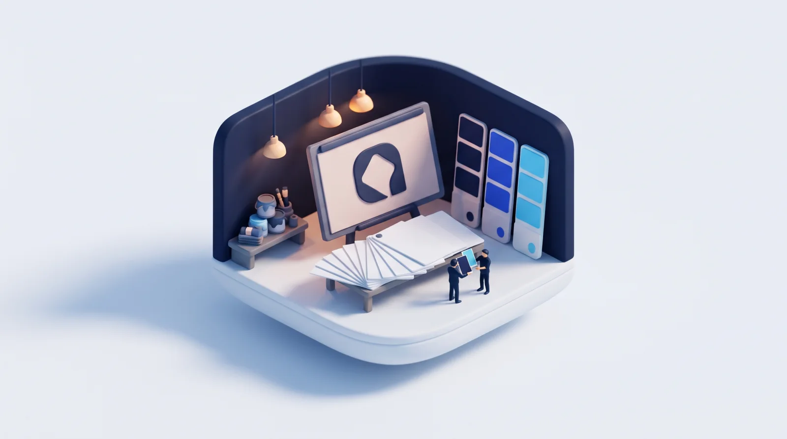 Isometric clay diorama of a brand studio with colour swatches, logo boards and type specimens.
