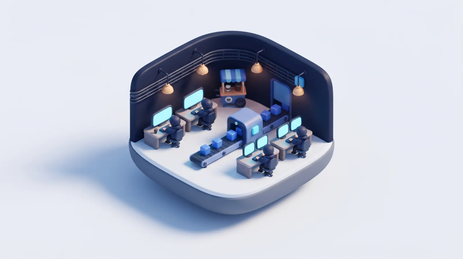 Isometric clay diorama of an engineering floor with developers at glowing desks beside a build pipeline.