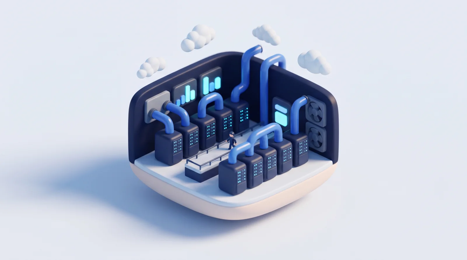 Isometric clay diorama of a data centre with server cabinets and pipes rising into clouds.