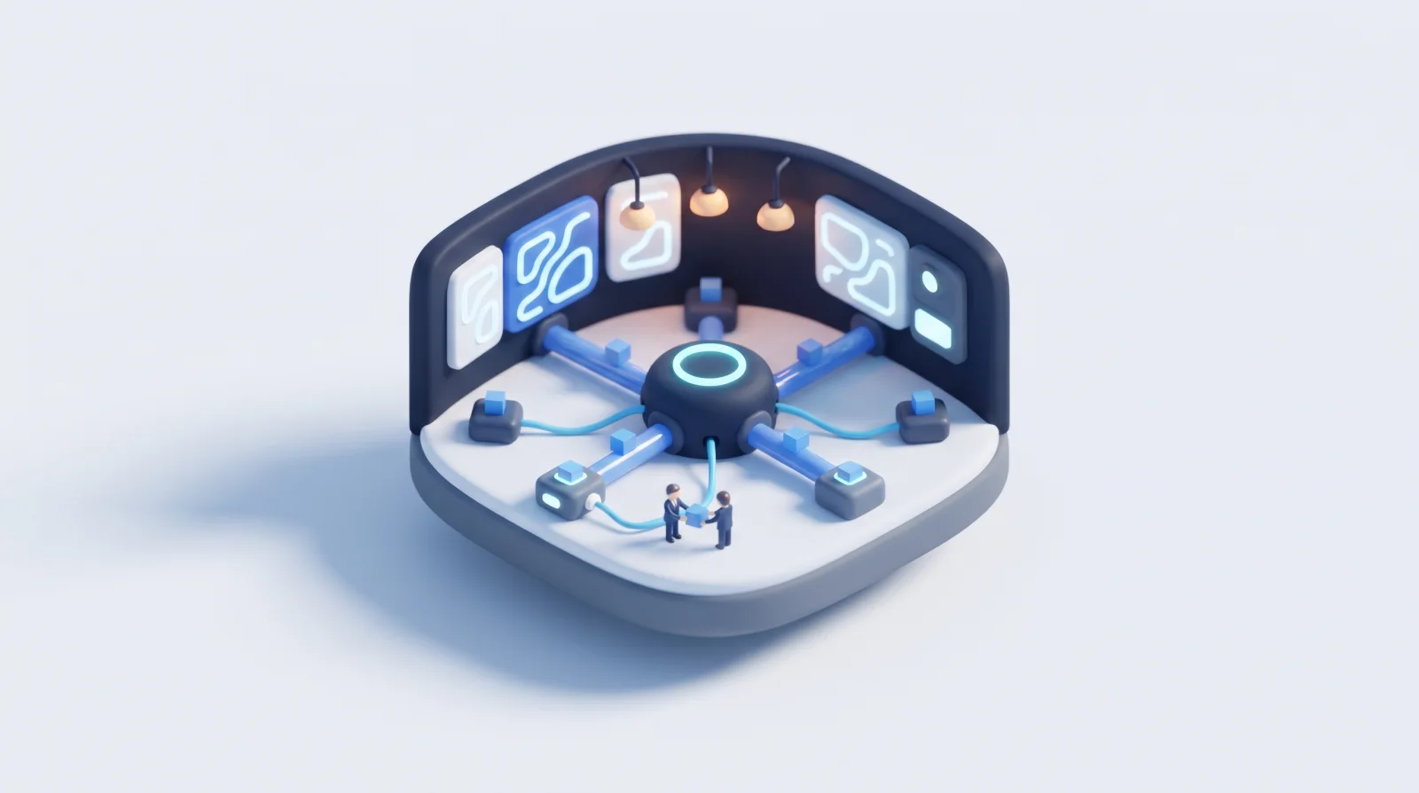 Isometric clay diorama of an integration hub with a glowing core and pipes running to terminals.