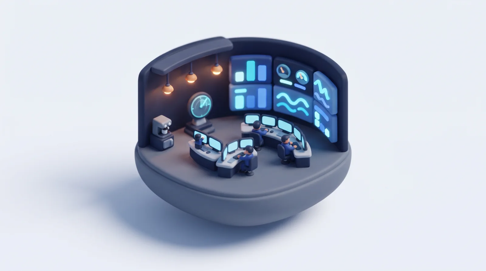 Isometric clay diorama of an operations room with dashboards showing charts and gauges.