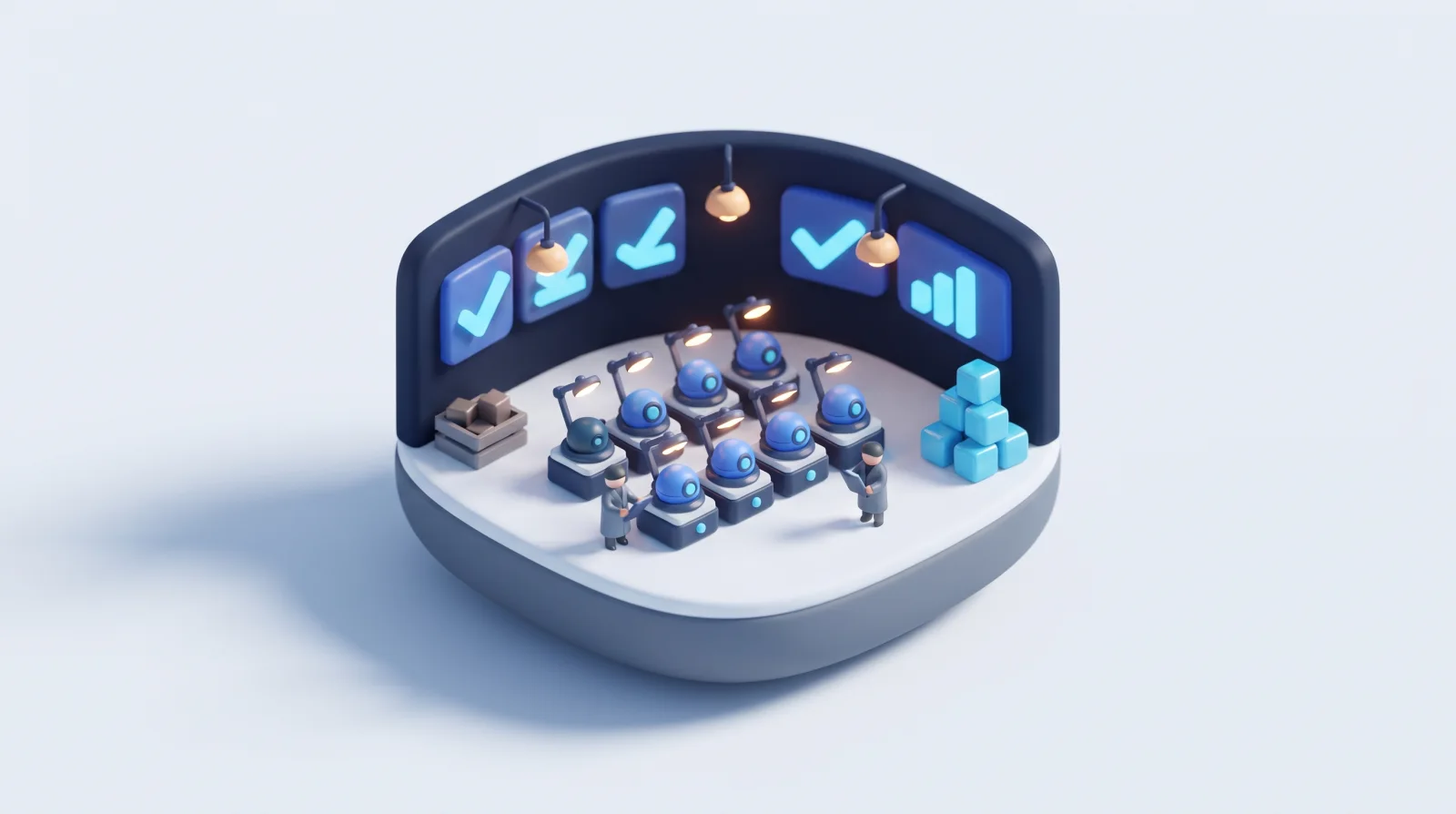 Isometric clay diorama of a test lab with inspection rigs beneath a wall of glowing check marks.